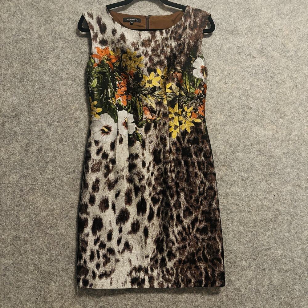 Lafayette 148 New York Dress Womens Size 0 Brown Leopard Floral Animal Sheath